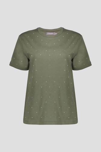 Le devant de T-shirt kaki avec strass de Geisha pour Femmes