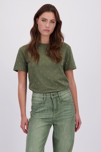 Le devant de T-shirt kaki avec strass de Geisha pour Femmes