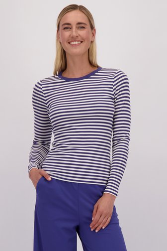 Le devant de T-shirt rayé blanc et bleu à manches longues de Liberty Island pour Femmes