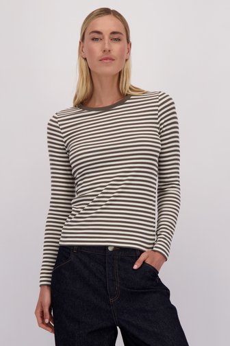 Le devant de T-shirt rayé blanc et vert foncé à manches longues de Liberty Island pour Femmes