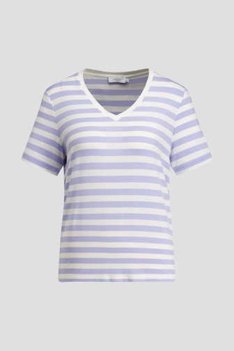 Le devant de T-shirt rayé bleu et blanc avec col en V de Liberty Island pour Femmes