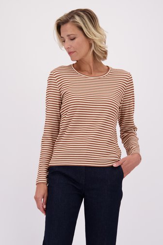 Le devant de T-shirt rayé marron-beige de Claude Arielle pour Femmes