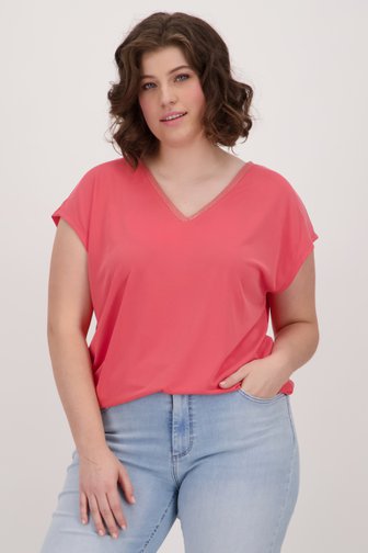 T-shirt rose corail à encolure en V métallique de Only Carmakoma pour Femmes