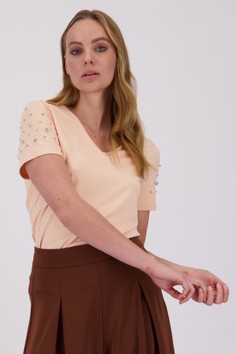 T-shirt rose saumon à col en V avec strass de D'Auvry pour Femmes