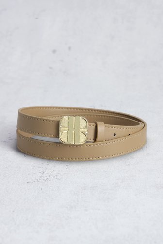 Voorkant van Taupe riem met goudkleurige logogesp door Laurent David voor Dames