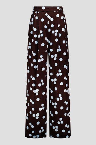 Voorkant van Wijde bruine broek met lichtblauwe stippenprint door D'Auvry voor Dames