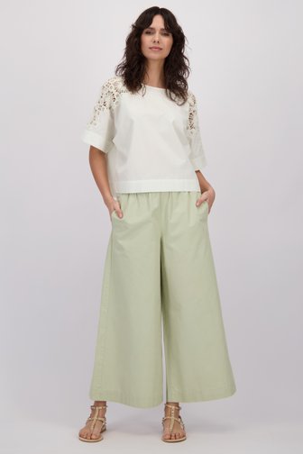 Voorkant van Wijde grijsgroene broek met elastische tailleband door Louise voor Dames