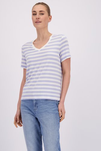Voorkant van Wit-blauw gestreepte T-shirt met V-hals door Liberty Island voor Dames