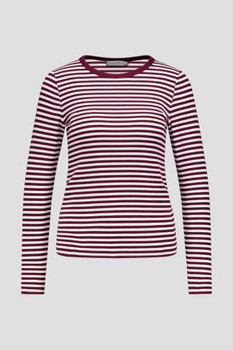Voorkant van Wit-bordeaux gestreept T-shirt met lange mouwen door Liberty Island voor Dames