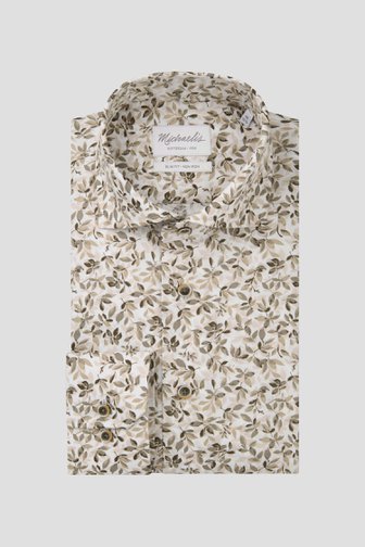 Michaelis Wit hemd met beige bladerprint - Slim fit