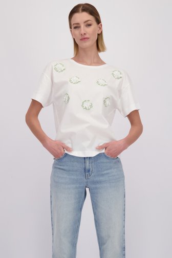 Voorkant van Wit T-shirt met bloemenpatches door More & More voor Dames