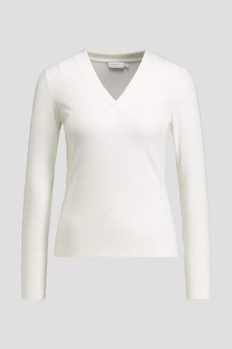 Voorkant van Wit T-shirt met V-hals en lange mouwen door Liberty Island voor Dames