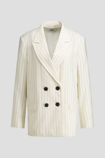 Voorkant van Witte blazer met zwarte krijtstreep door Louise voor Dames
