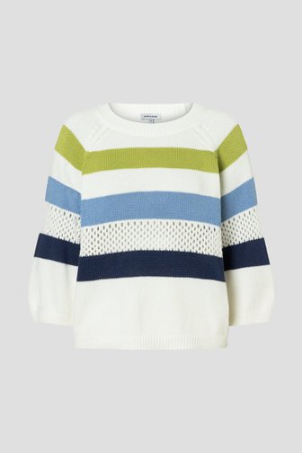 Voorkant van Witte trui met strepen in groen en blauw door More & More voor Dames