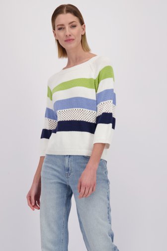 Voorkant van Witte trui met strepen in groen en blauw door More & More voor Dames