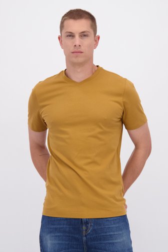 Voorkant van Zandbruin katoenen T-shirt met V-hals door Liberty Island voor Heren