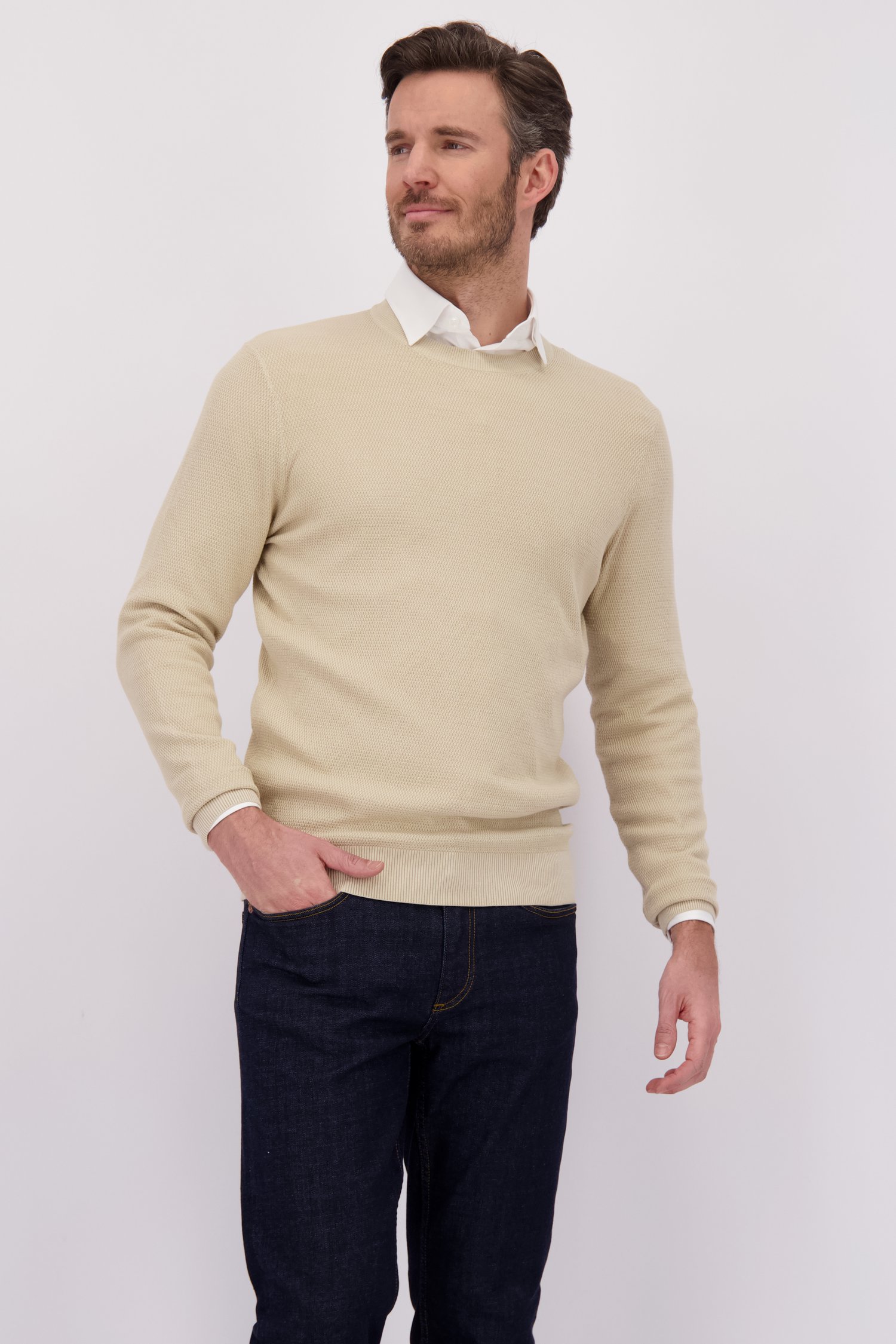 Voorkant van Beige gebreide trui met ronde hals door Michaelis voor Heren