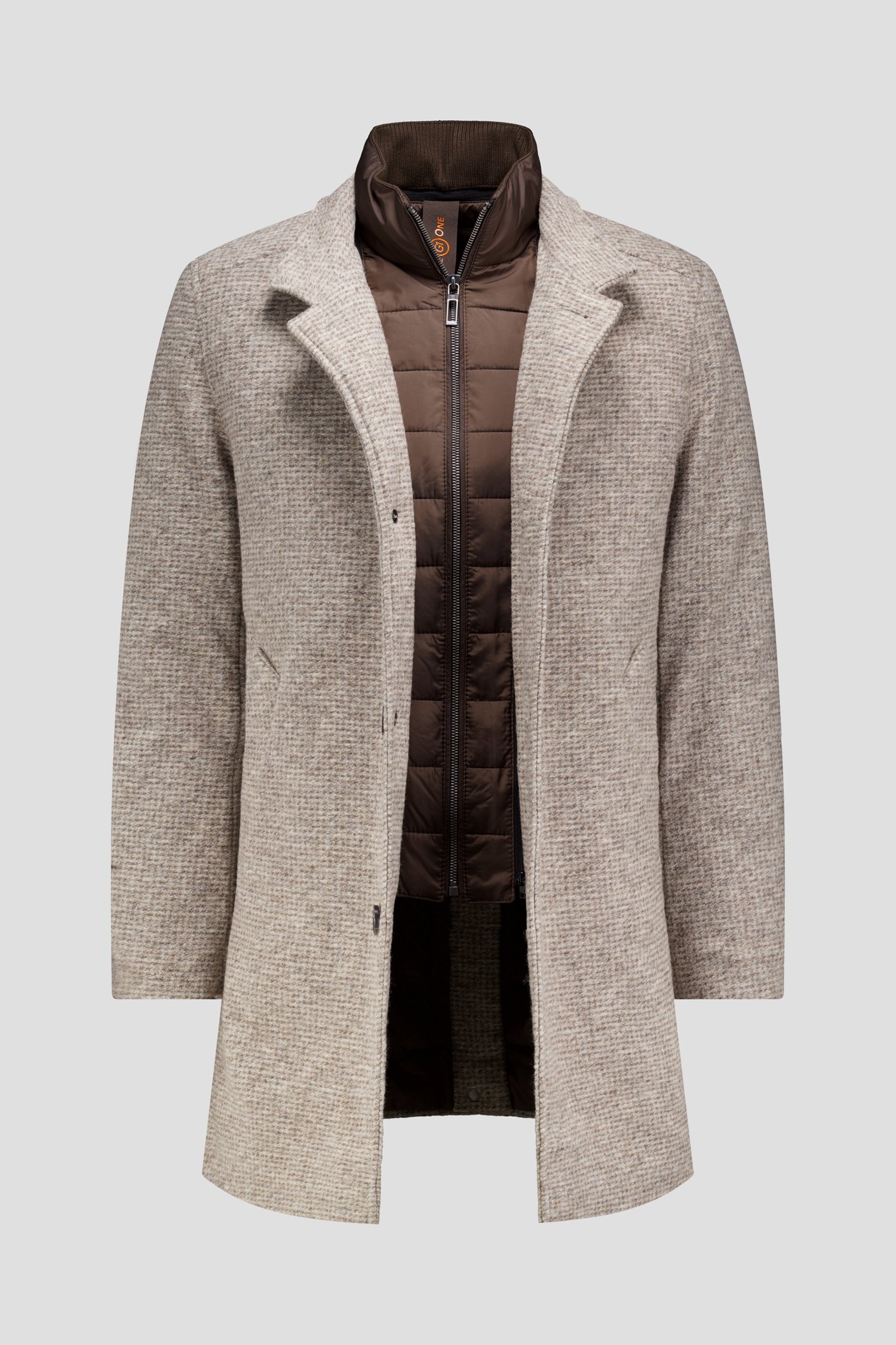 Productfoto 2 van Beige gemêleerde mantel met gewatteerd inzetstuk door Gate One voor Heren