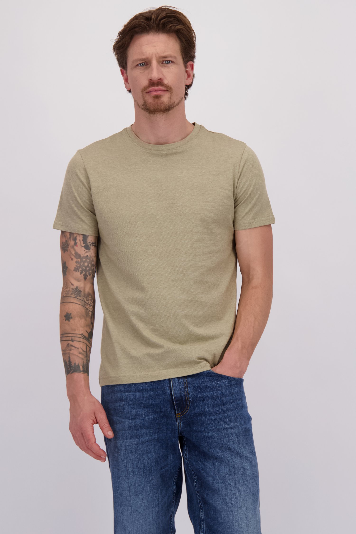 Voorkant van Beige gestreept T-shirt door Ravøtt voor Heren