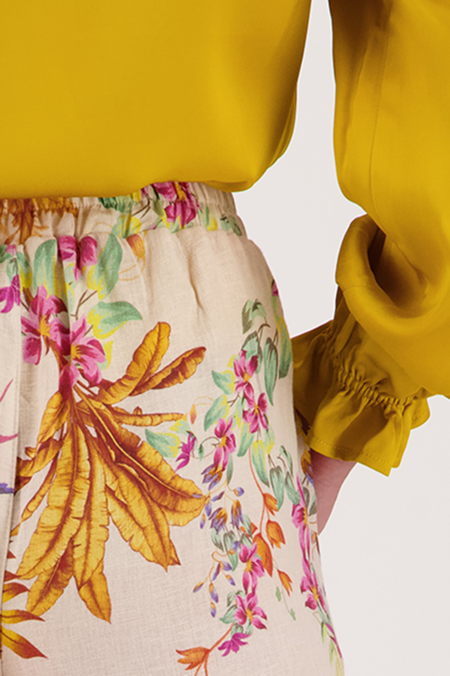 Beige linnen broek met kleurrijke bloemenprint van Diane Laury voor Dames