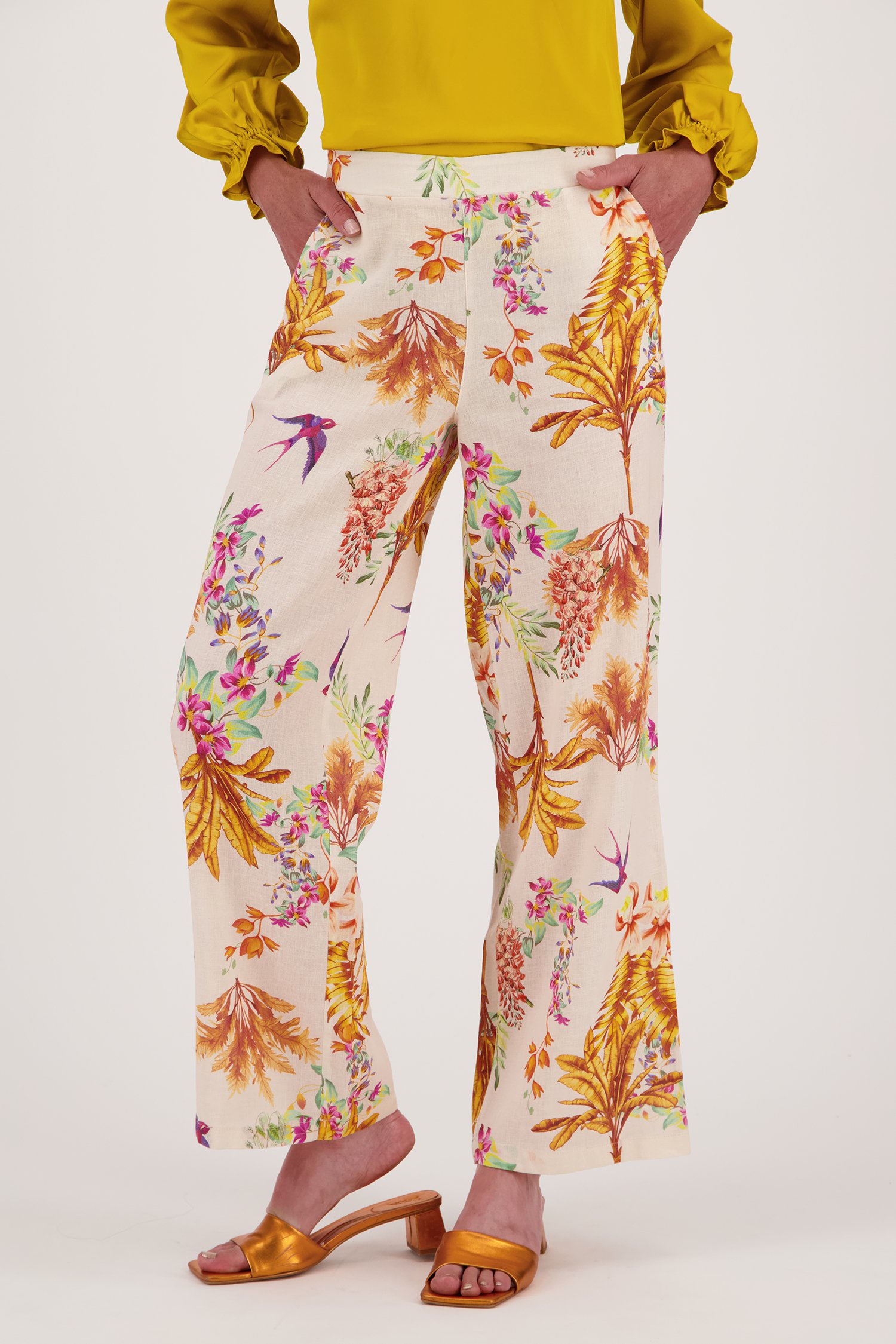 Beige linnen broek met kleurrijke bloemenprint van Diane Laury voor Dames
