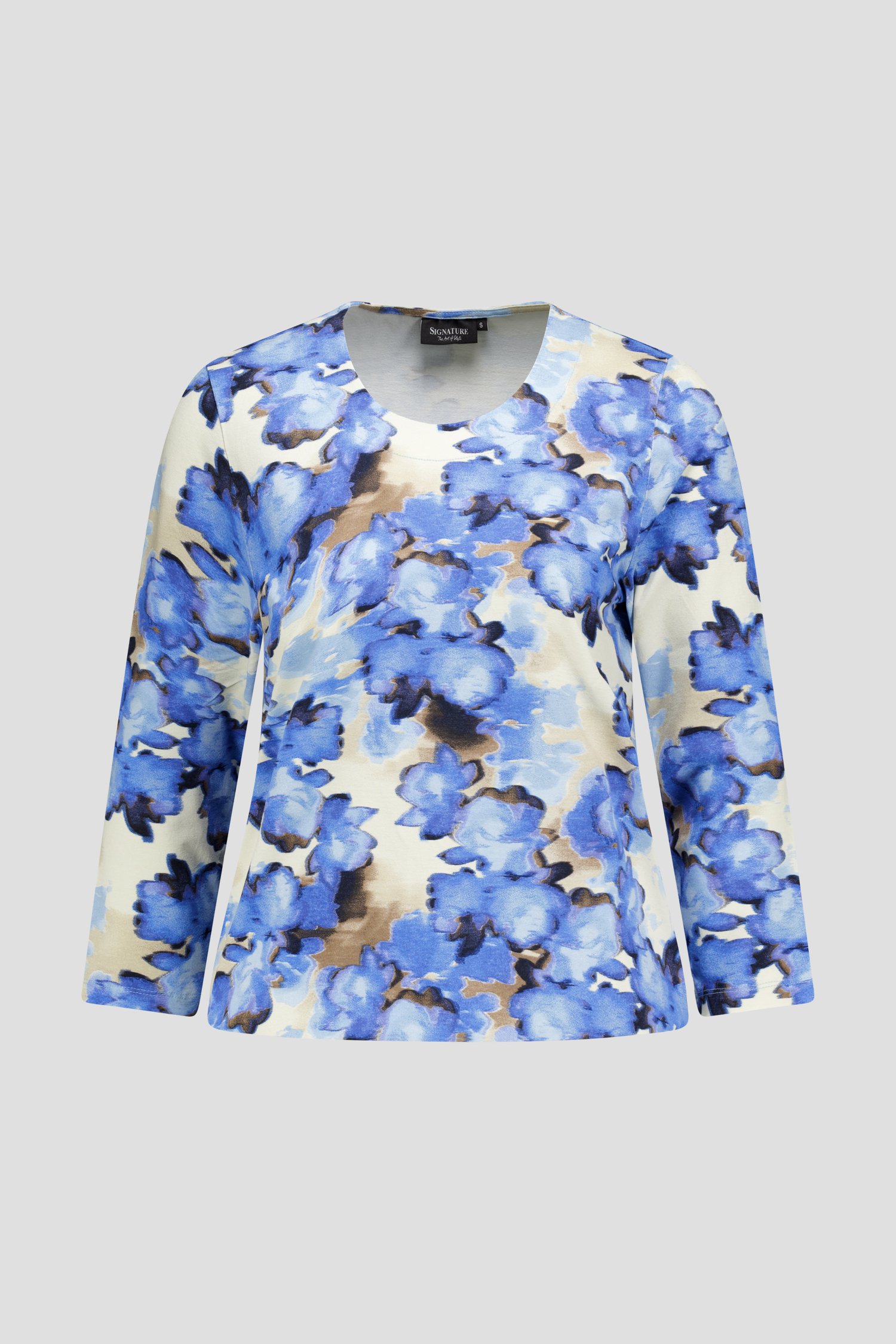 Productfoto 1 van  Beige T-shirt met blauwe print door Signature voor Dames
