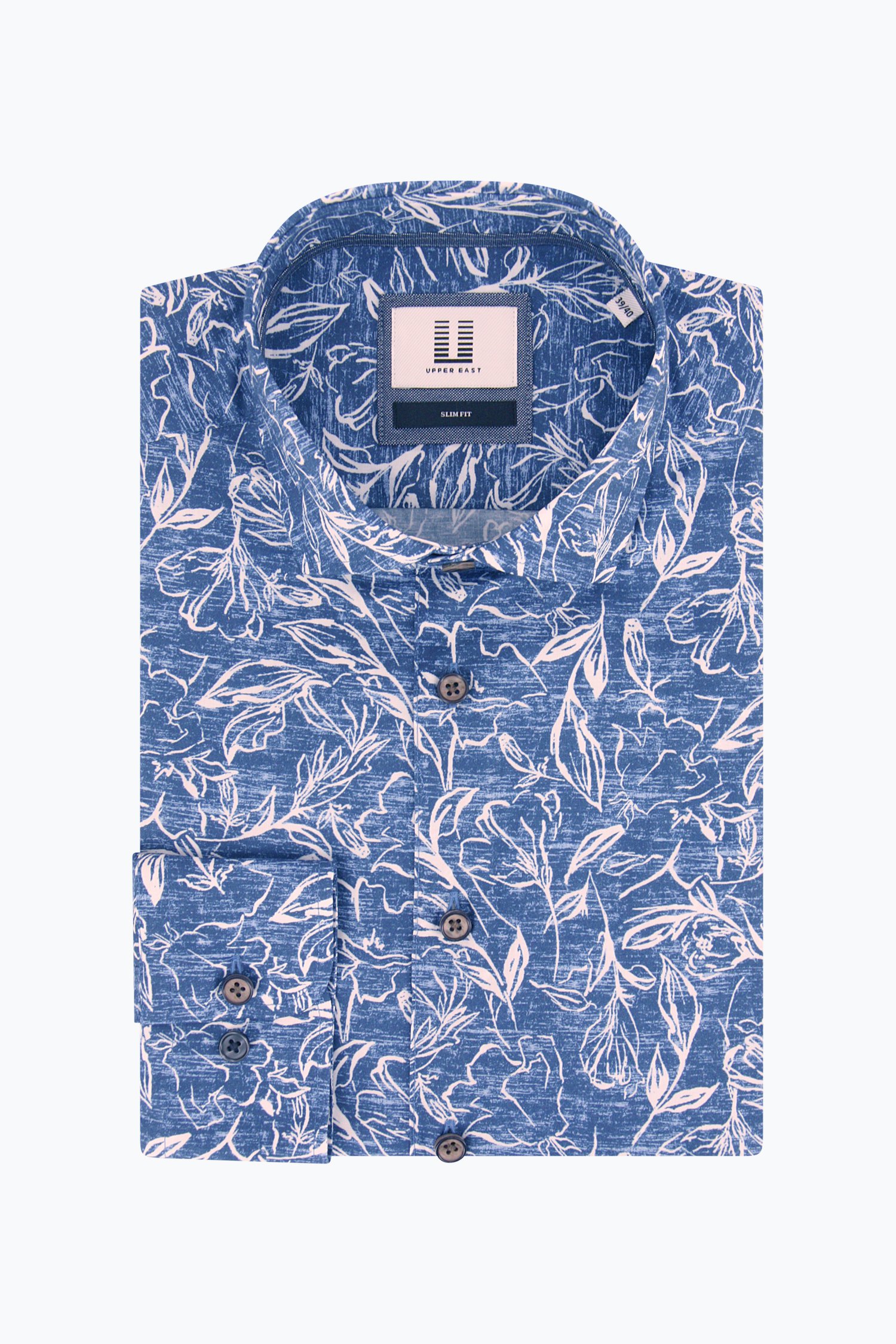 Blauw hemd met witte bladerprint - slim fit van Upper East voor Heren