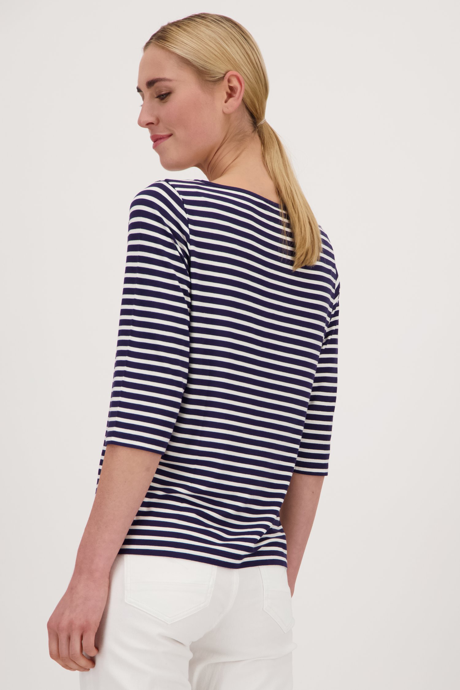 Achterkant van Blauw T-shirt met witte strepen door Liberty Island voor Dames