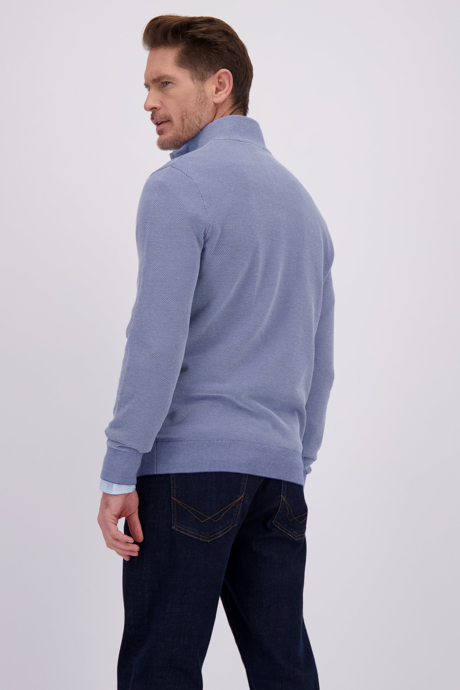 Achterkant van Blauwe gemêleerde trui met korte rits door Dansaert Blue voor Heren