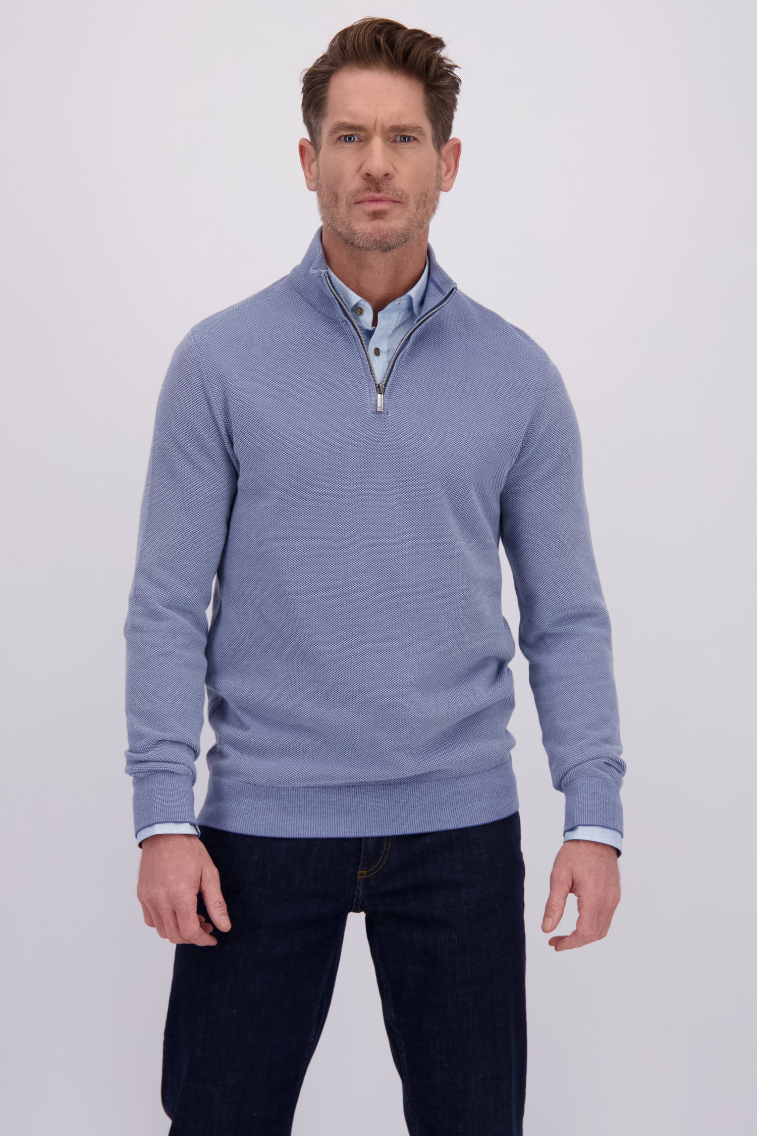 Voorkant van Blauwe gemêleerde trui met korte rits door Dansaert Blue voor Heren