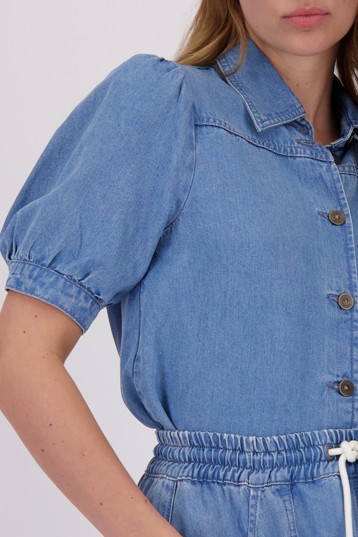 Blauwe jeansblouse met halflange pofmouwen van More & More voor Dames