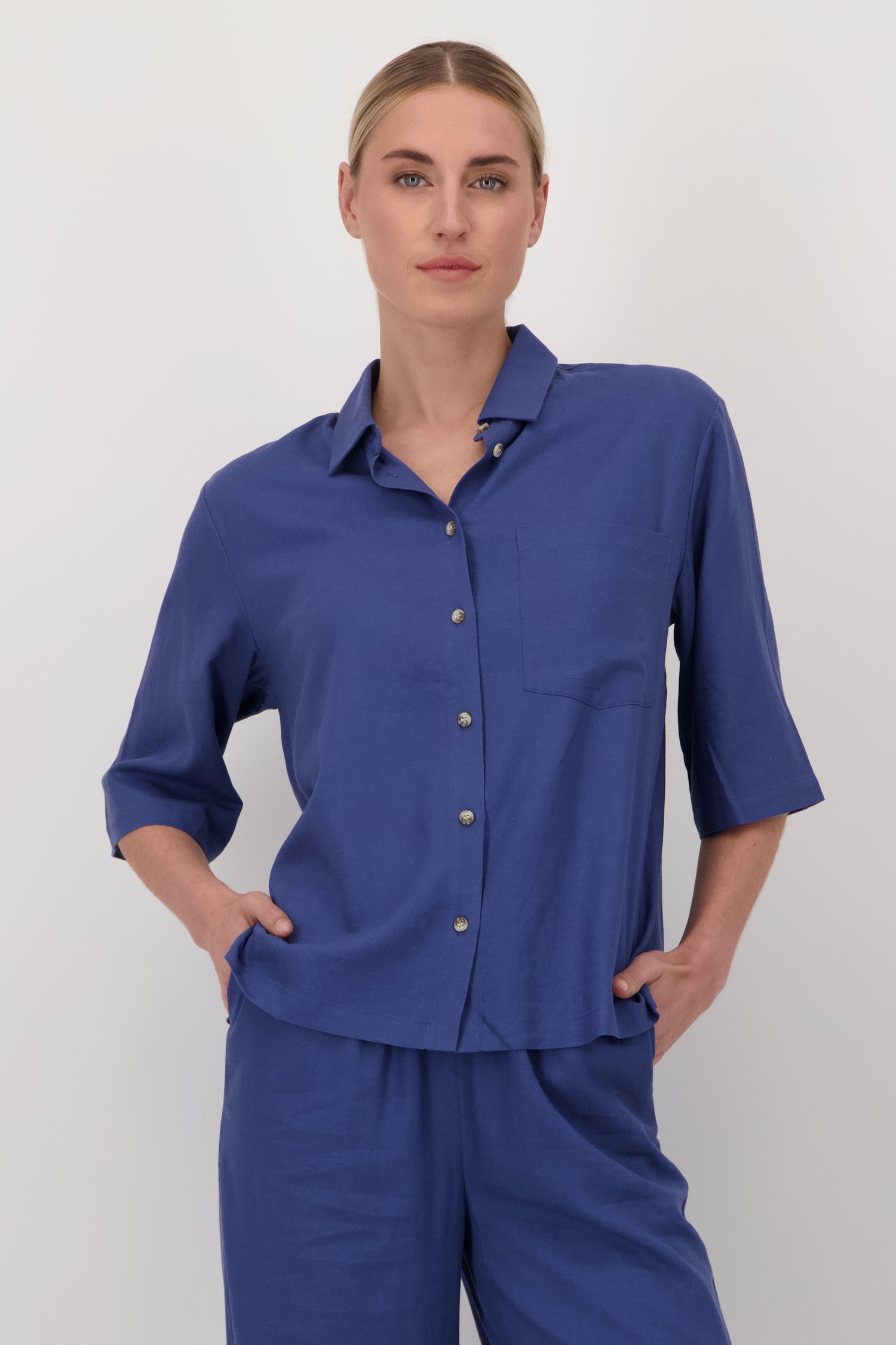 Blauwe linnen blouse met korte mouwen van Liberty Island voor Dames