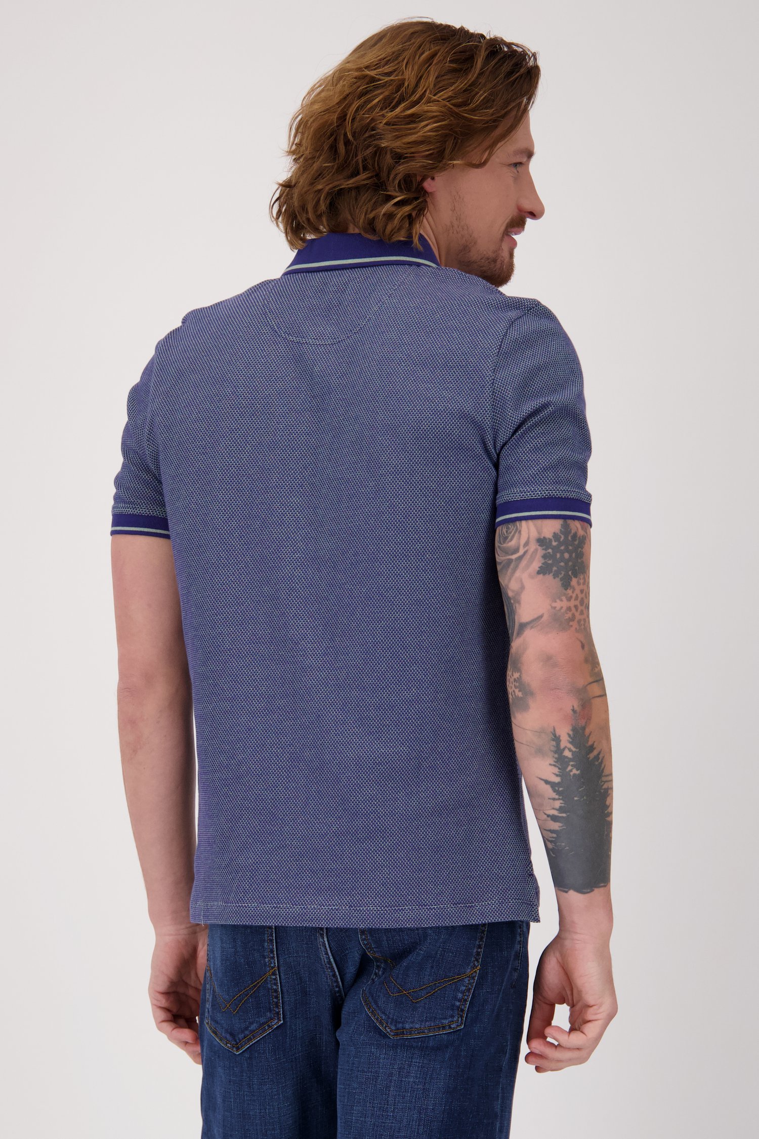 Blauwe polo met fijne groene print van Ravøtt voor Heren