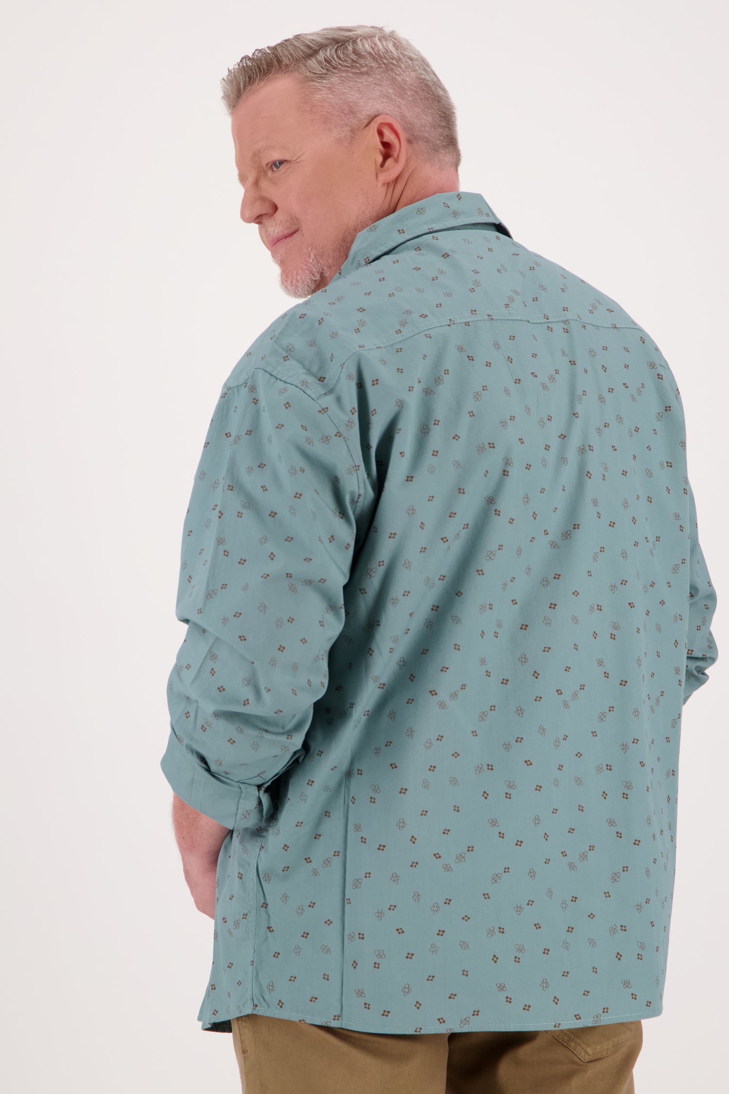 Blauwgroen hemd met fijne bruine print van Jefferson voor Heren