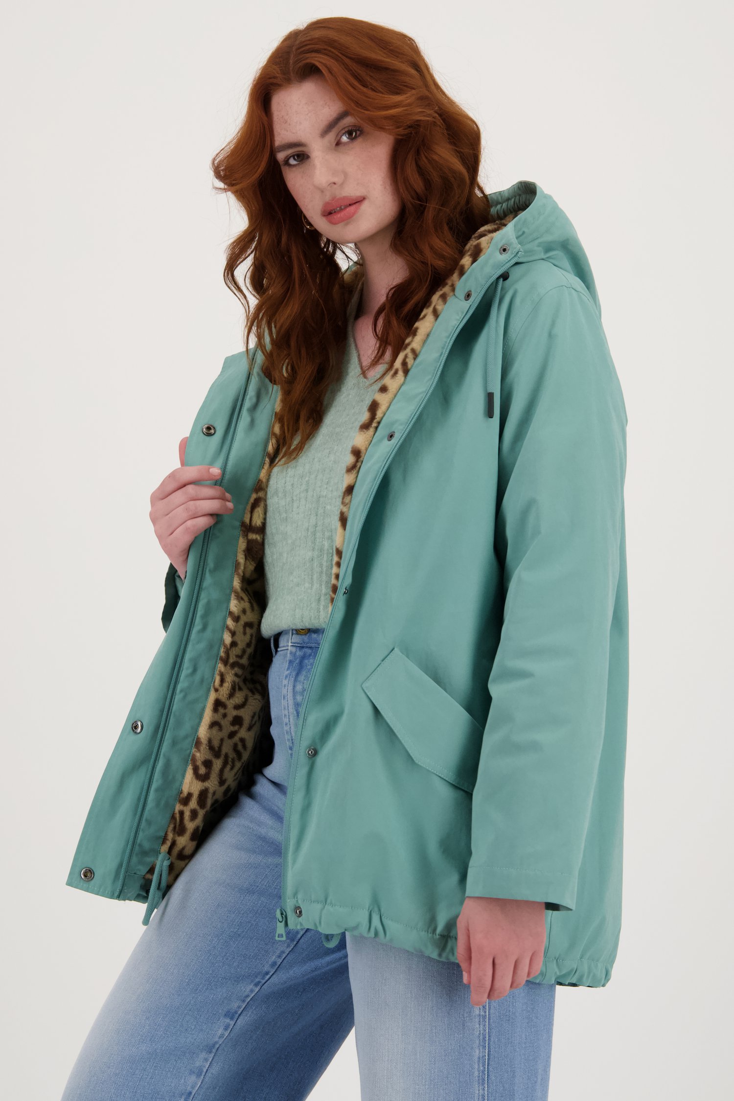 Blauwgroene jas met animalprint-voering van Libelle voor Dames