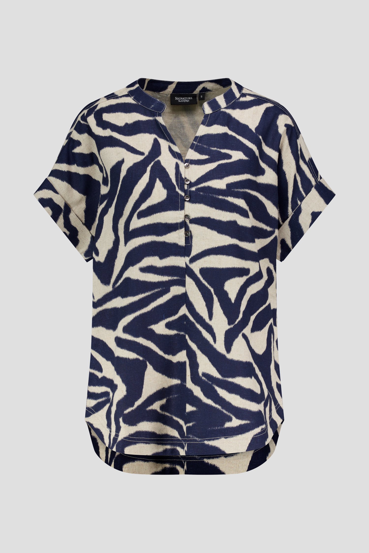 Blouse en lin beige clair à imprimé bleu foncé de Signature pour Femmes