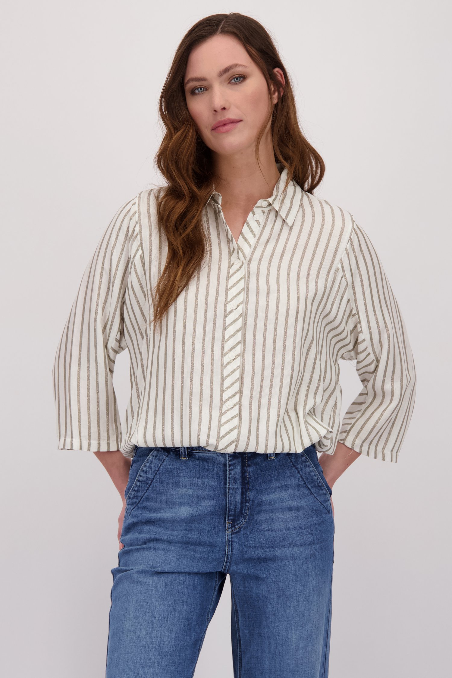 Voorkant van Blouse met glitterend groen gestreept motief door Geisha voor Dames