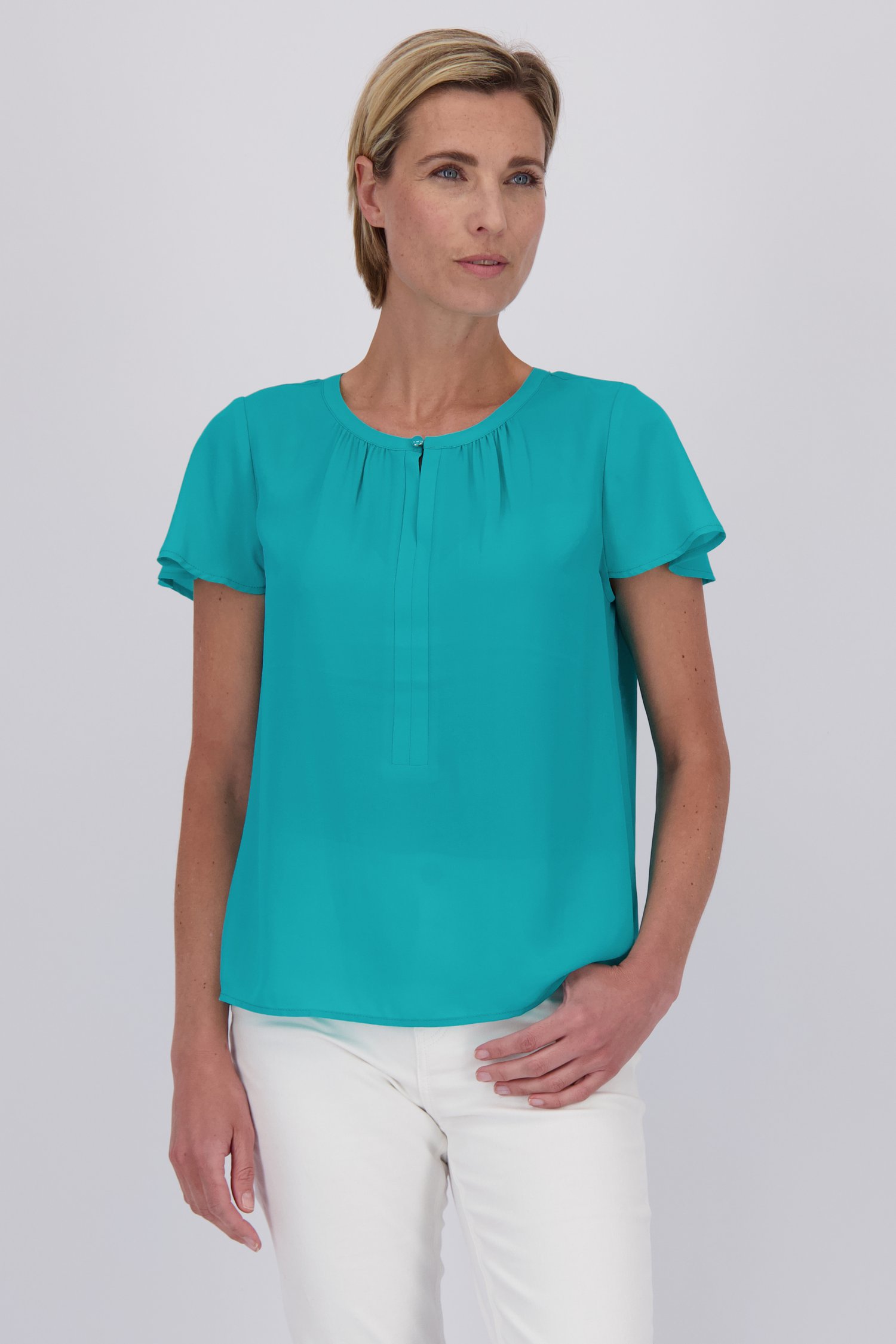 Blouse turquoise à manches papillon courtes de Claude Arielle pour Femmes