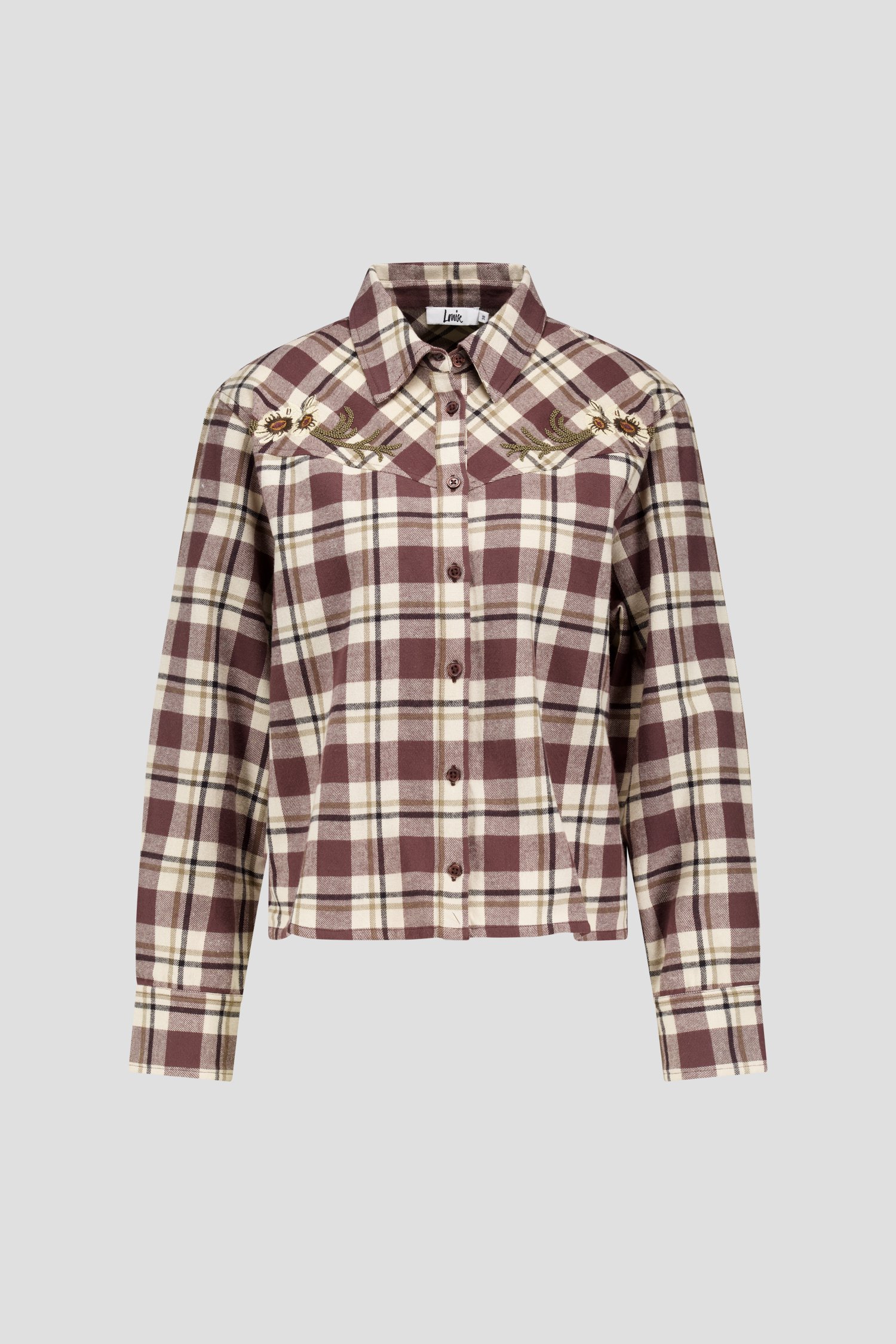 Productfoto 1 van Bruin houthakkershemd met geborduurde bloemen door Louise voor Dames