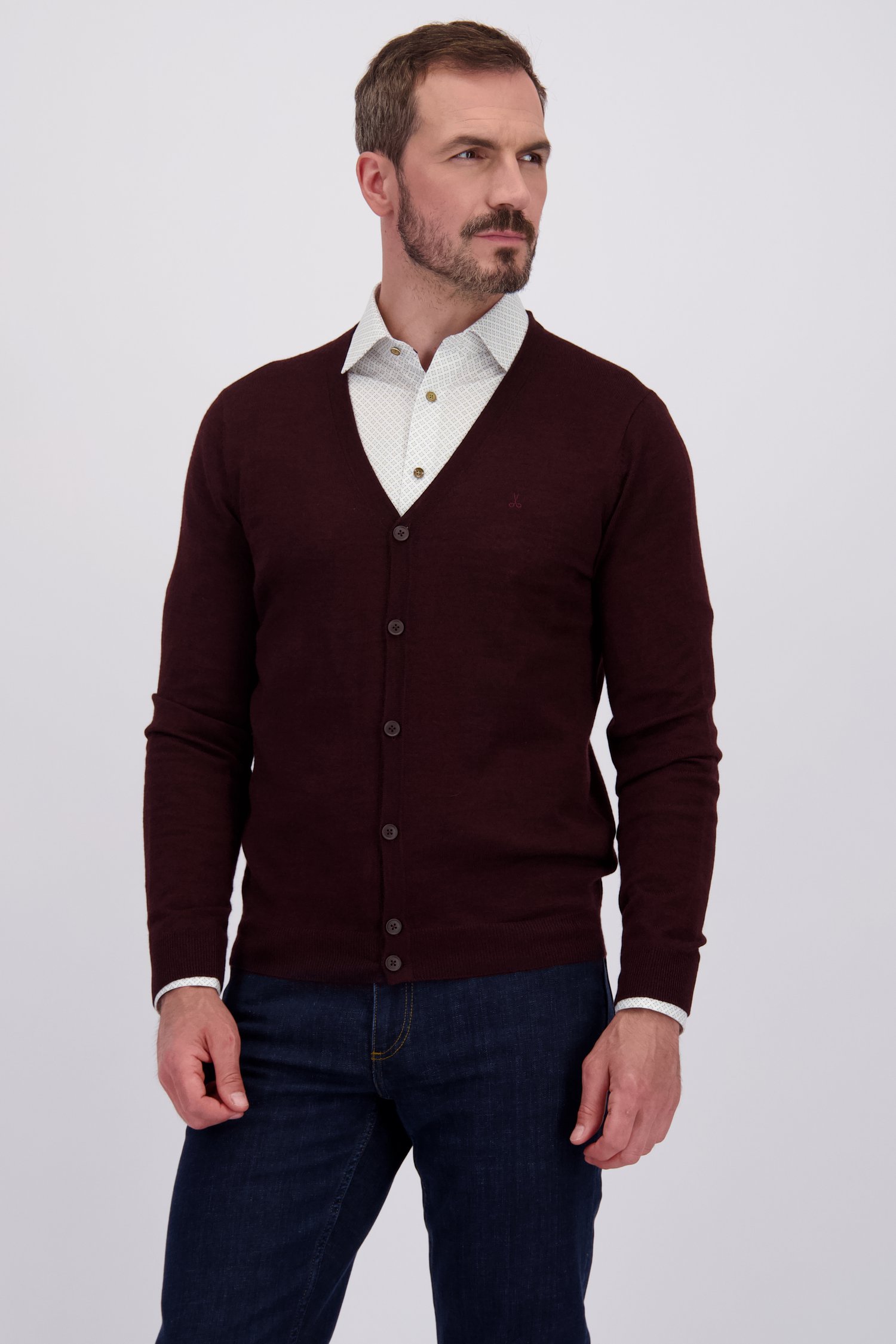 Le devant de Cardigan bordeaux en maille fine de Dansaert Black pour Hommes