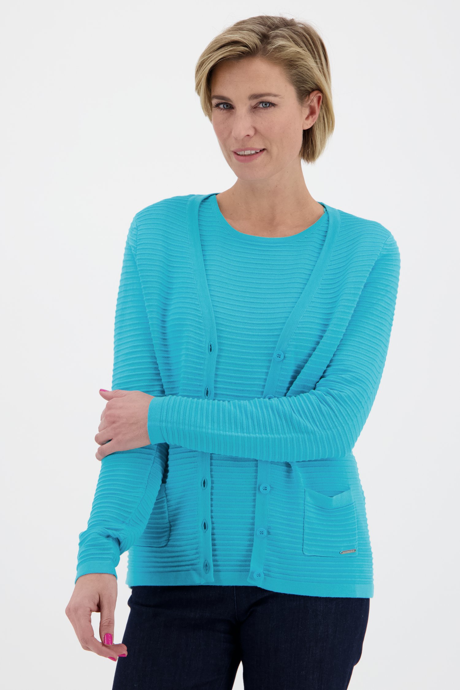 Cardigan turquoise en tissu texturé côtelé de Claude Arielle pour Femmes