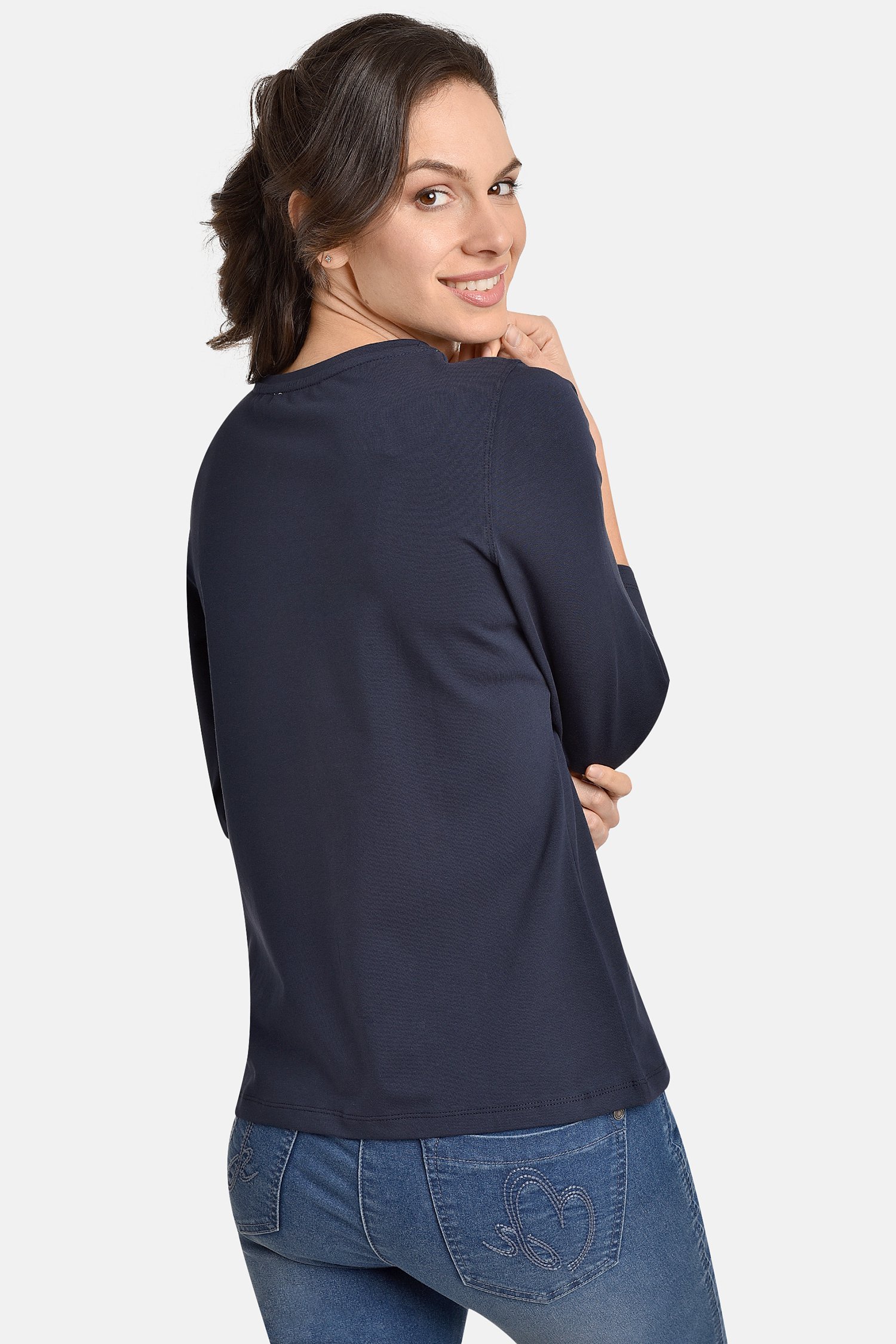Donkerblauw T-shirt met glitterend opschrift van Bicalla voor Dames
