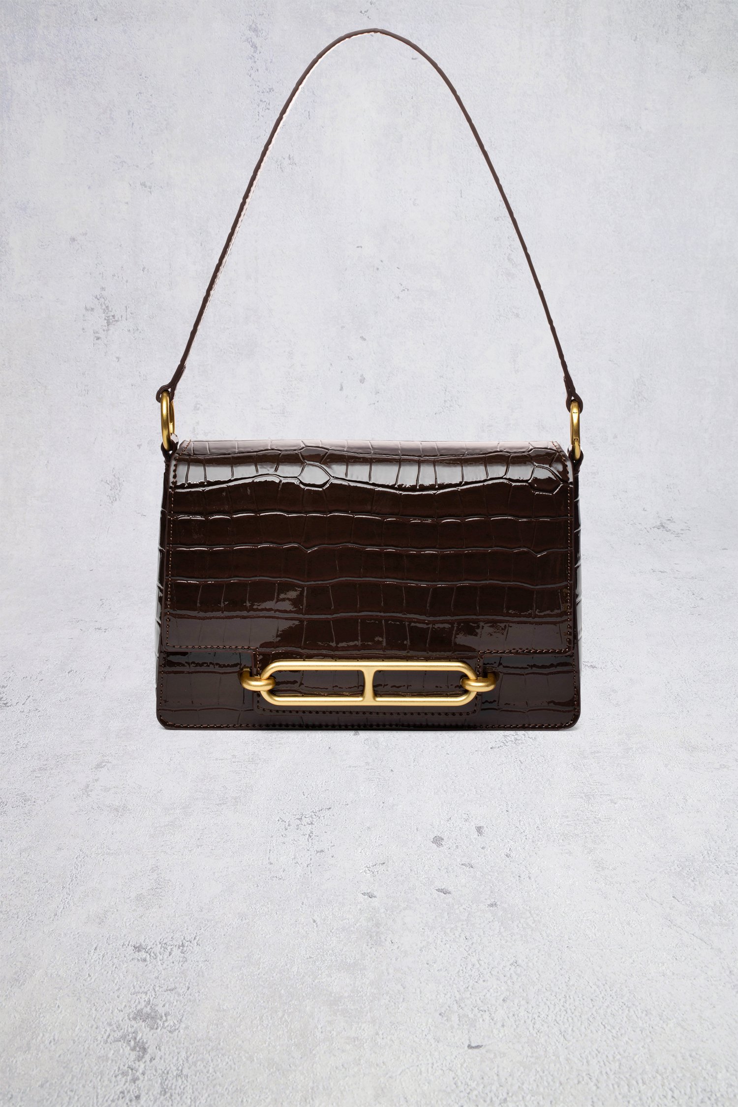 Voorkant van Donkerbruine handtas met krokodillenstructuur door Laurent David voor Dames
