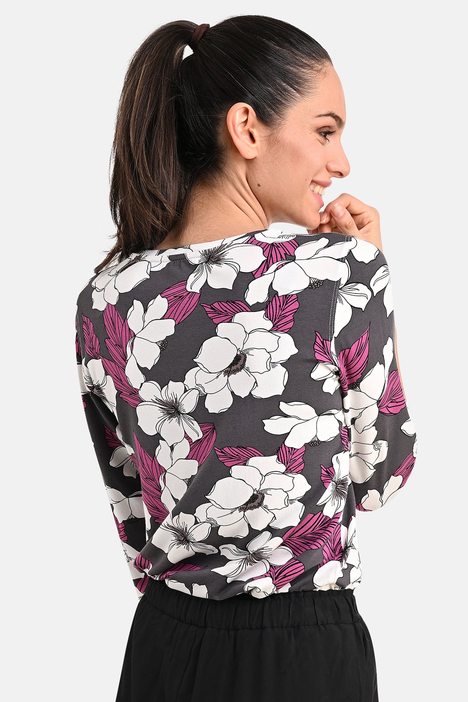 Donkergrijs T-shirt met bloemenprint van Bicalla voor Dames