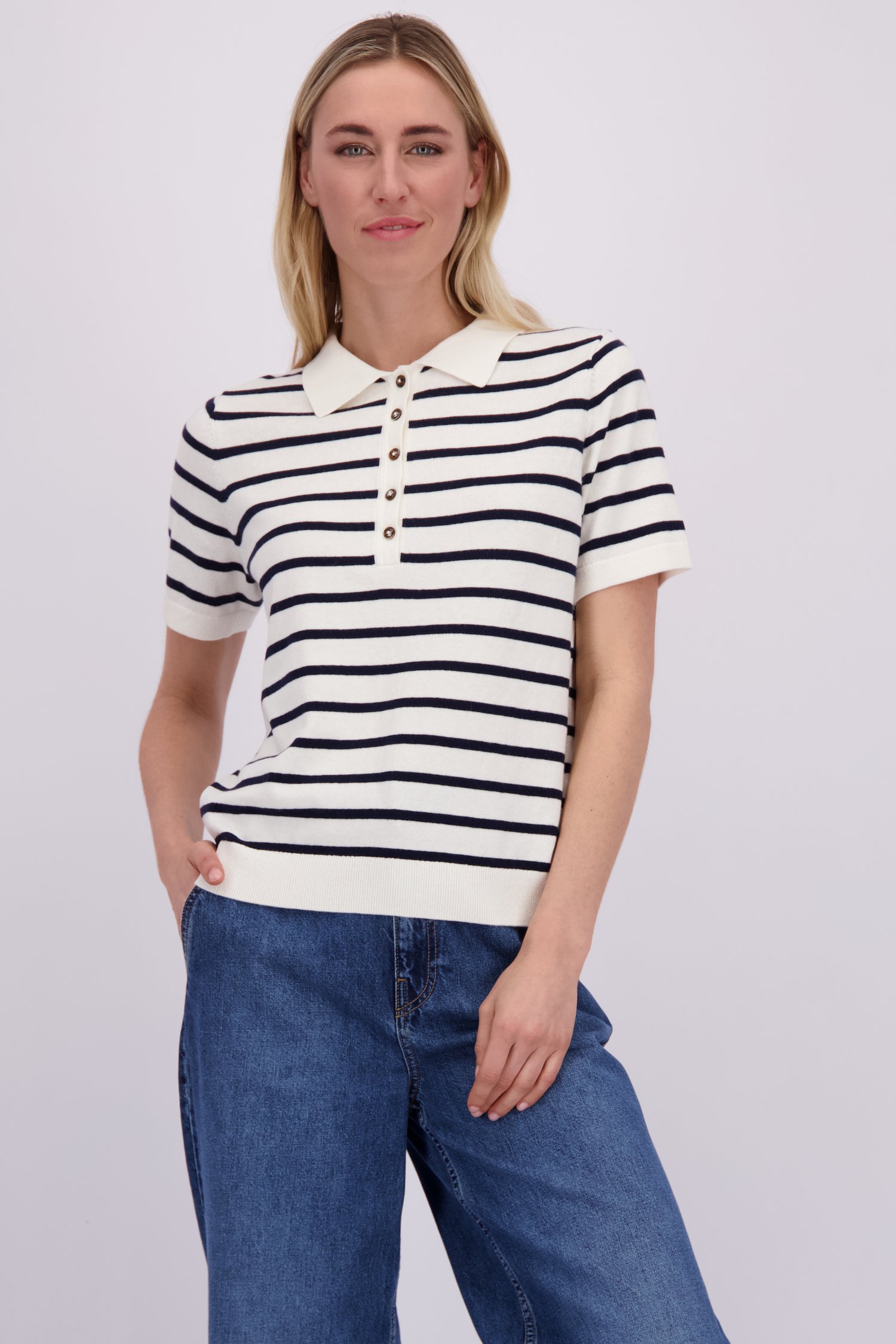 Voorkant van Ecru-blauw gestreepte polo door Liberty Island voor Dames