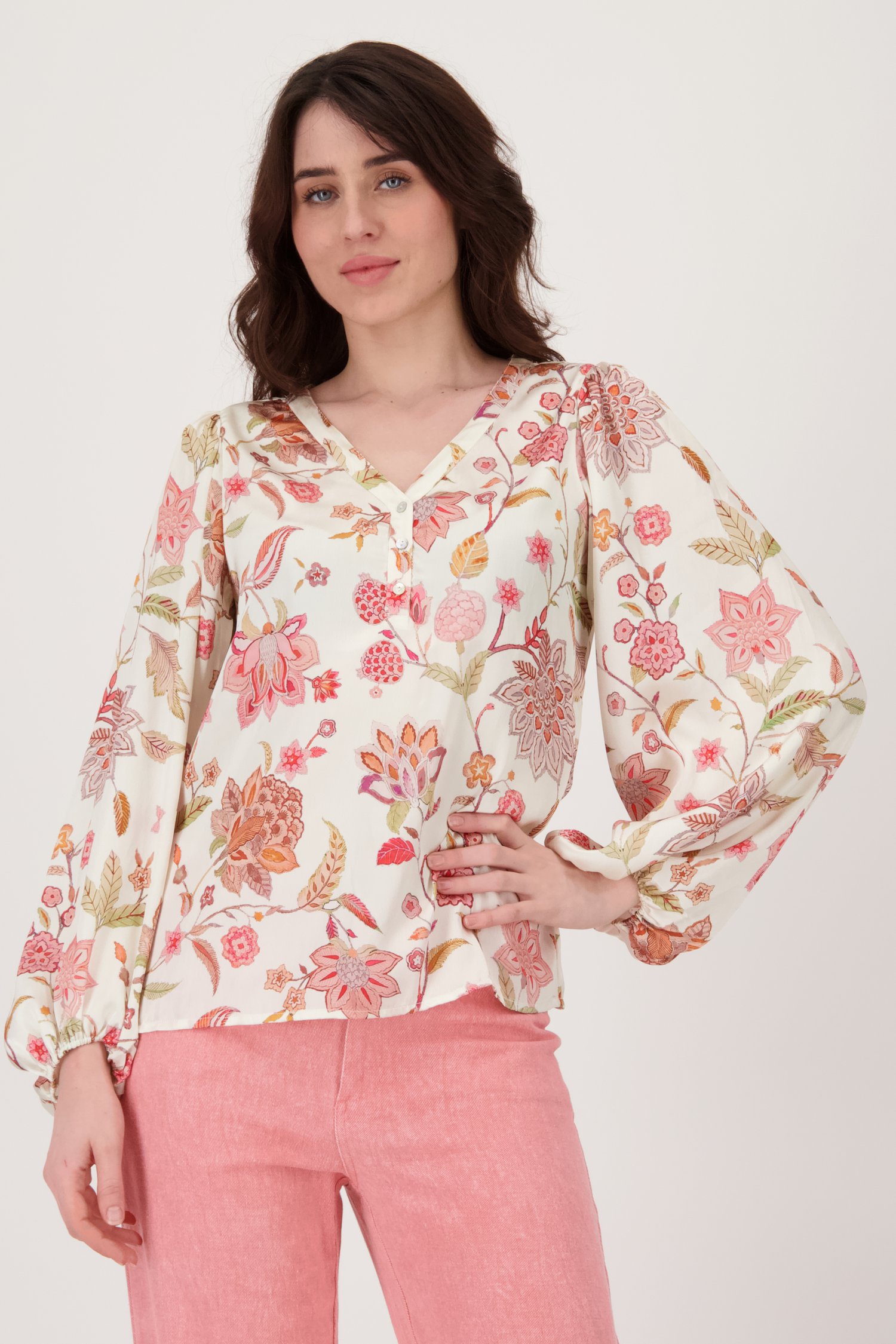 Ecru glanzende blouse met roze bloemenprint  van Geisha voor Dames