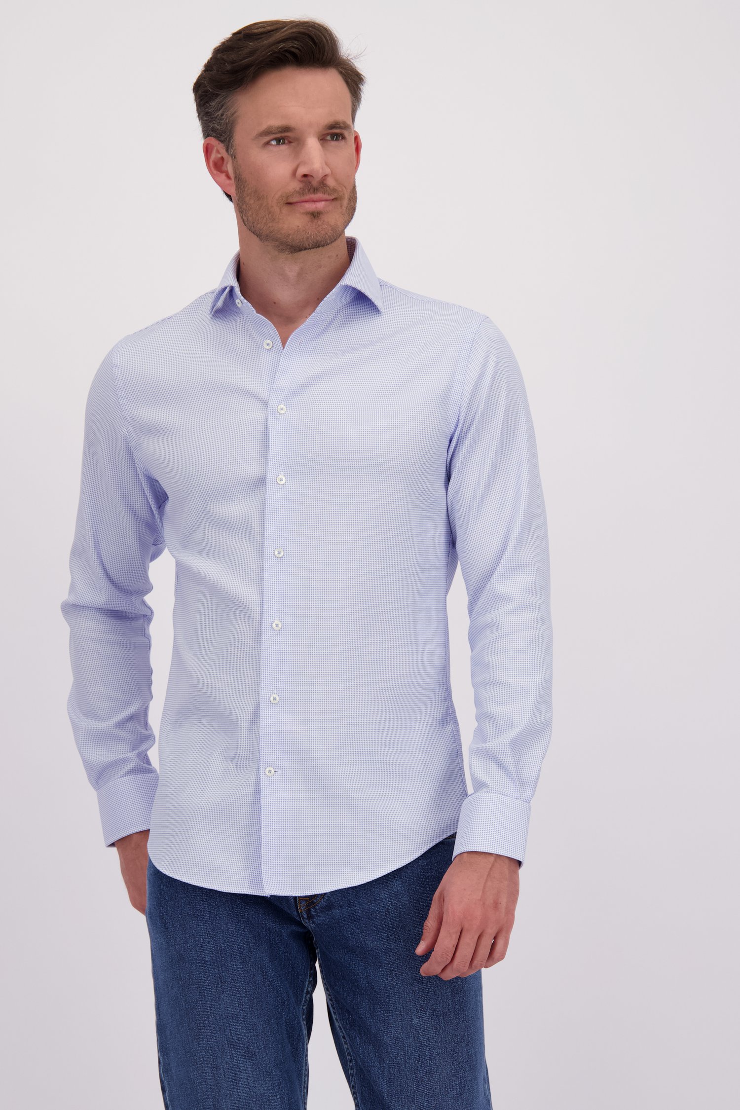 Ecru hemd met fijne blauwe print - Slim fit van Michaelis voor Heren