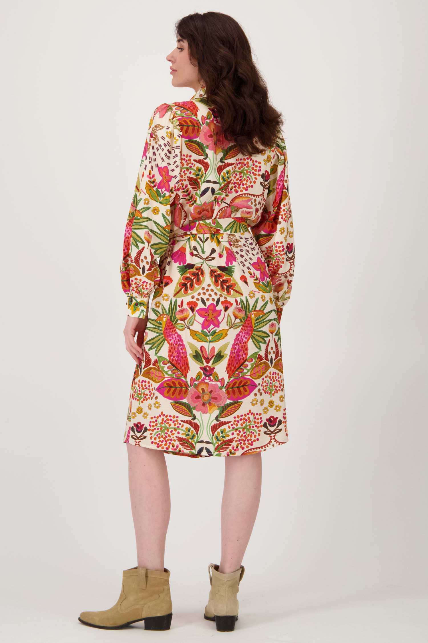 Ecru midi kleedje met kleurrijke bloemenprint van Geisha voor Dames