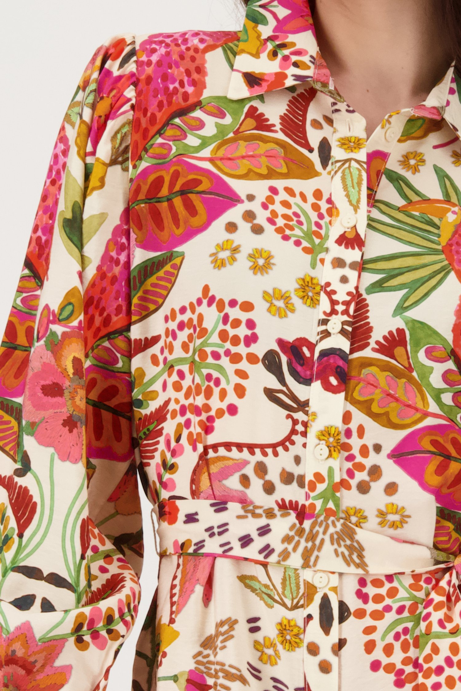Ecru midi kleedje met kleurrijke bloemenprint van Geisha voor Dames