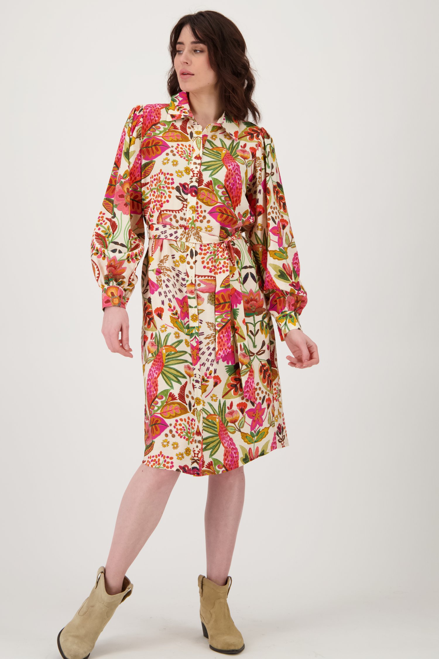 Ecru midi kleedje met kleurrijke bloemenprint van Geisha voor Dames